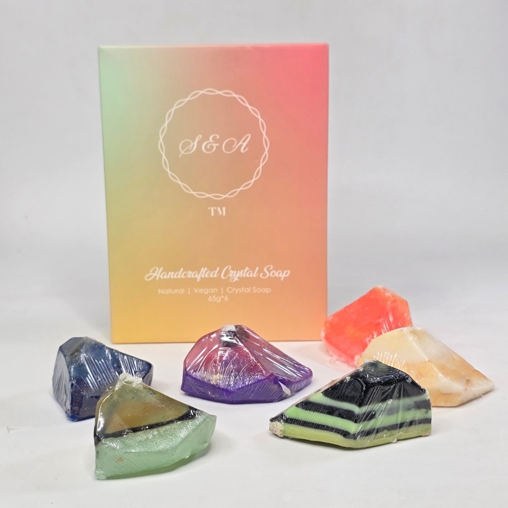S&A Handcrafted Crystal Soap Set 6 Pack Vegan Natural Gemstone Bars Gift Box